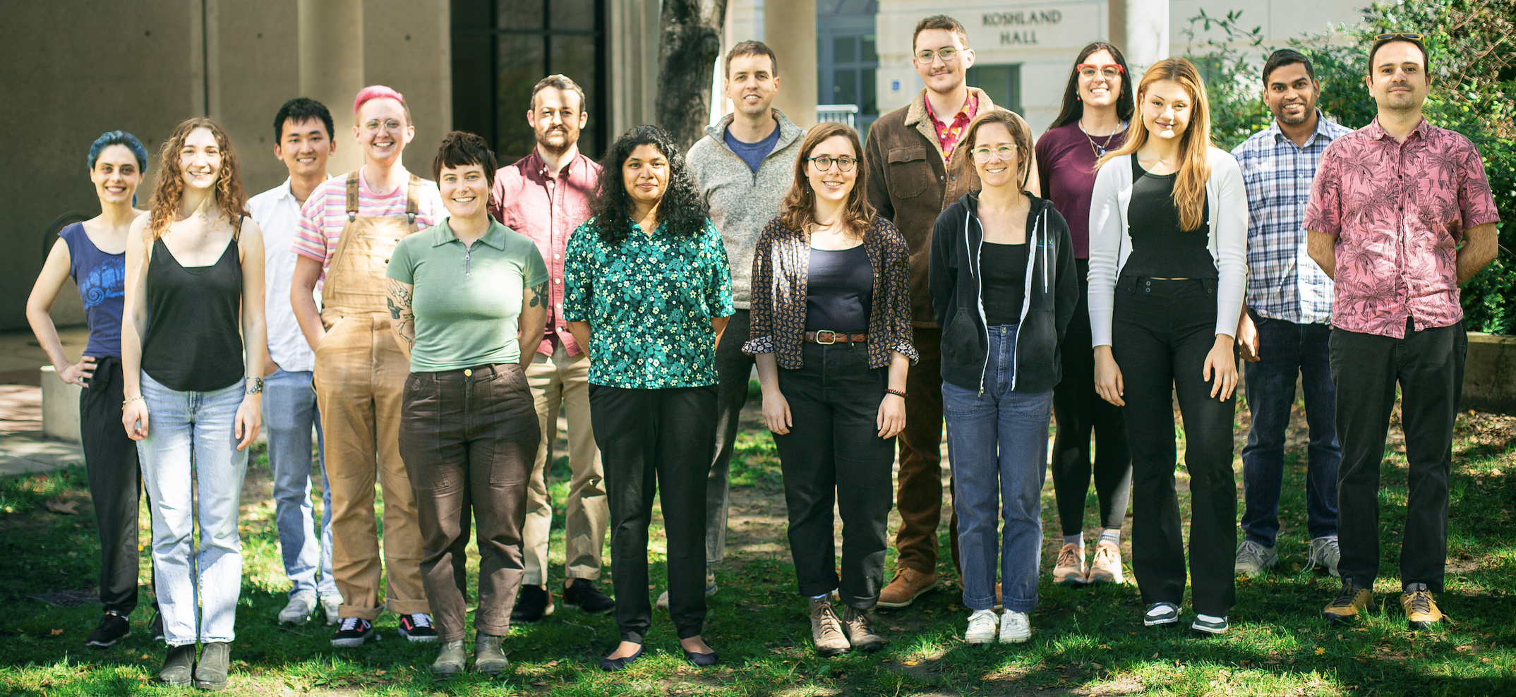 an image of the Nayak lab members standing in sunshine near Koshland Hall